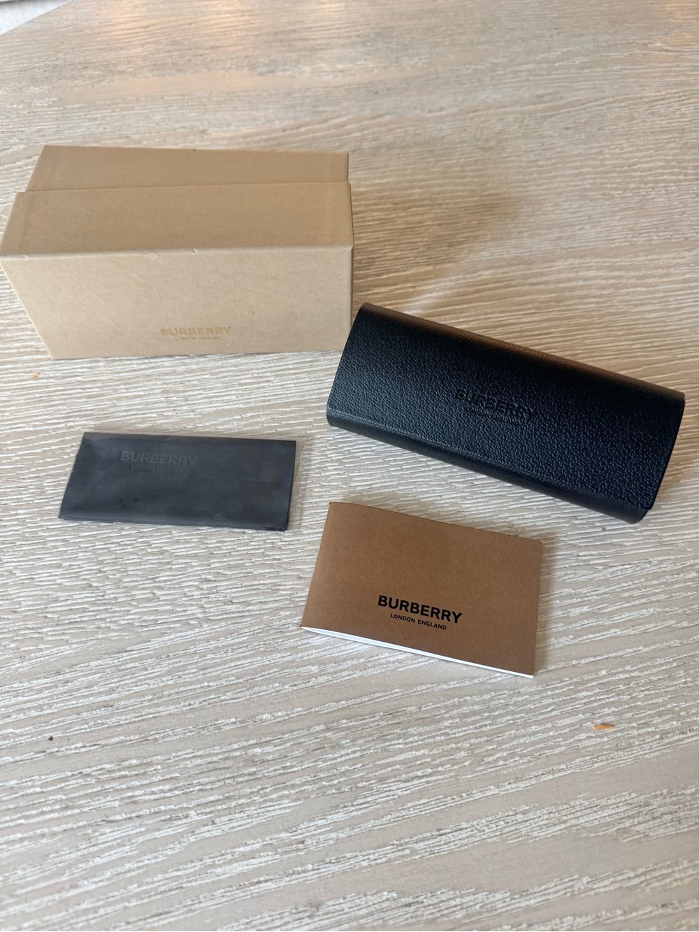 Burberry Black Hardshell sunglass case, box and glass cloth